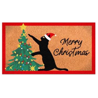 Imagem de Tinideya 1 capacho de coco de boas-vindas de Natal 47 x 76 cm tapete de decoração de varanda de Natal antiderrapante de fibra natural capacho frontal para decoração interna e externa (gato preto)