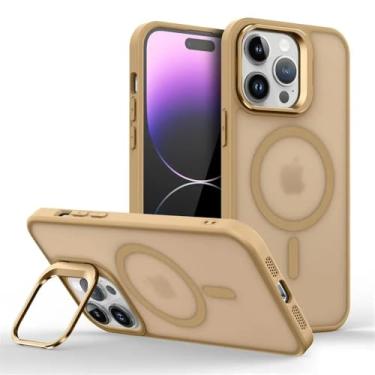 Imagem de Suporte magnético de lente de metal para capa de iPhone 16, 15, 14, 13, 12 Mini, 11 Pro Max Plus, capa fosca à prova de choque com carregador sem fio (para iPhone 14/Ouro Deserto)