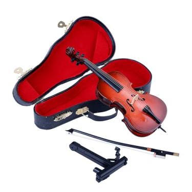 Imagem de Dselvgvu Miniatura de madeira para violoncelo com suporte, arco e estojo, mini instrumento musical, réplica de violoncelo, estatuetas colecionáveis, acessórios para casa de bonecas, modelo, decoração