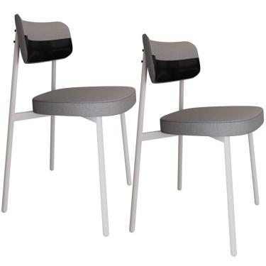 Imagem de Kit 02 Cadeiras Estofada Para Sala de Jantar Astrid Branco C01 Linho Cinza Courino Preto - Lyam Decor