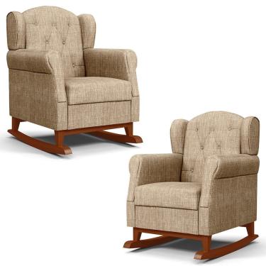 Imagem de Kit 02 Poltronas de Amamentação Base de Madeira Balanço Lucy P04 Linho Bege Escuro - Mpozenato