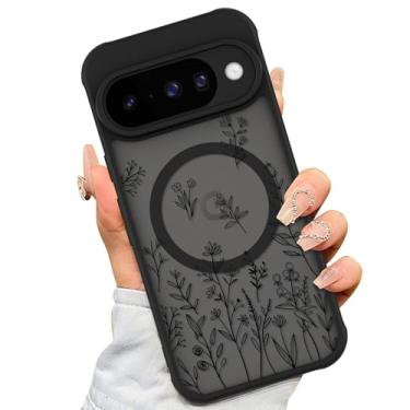 Imagem de AIGOMARA Capa magnética para Google Pixel 10 [compatível com MagSafe] Linda flor preta design floral para mulheres meninas TPU macio amortecedor rígido PC traseira antiqueda à prova de choque capa