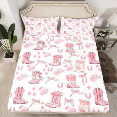 Imagem de Jogo de cama solteiro de cowgirl ocidental, botas tribais, bonés, ferradura, para adolescentes, crianças, rosa, laço, discoteca, cereja, estilo princesa, branco estrelado (1 lençol com elástico + 1