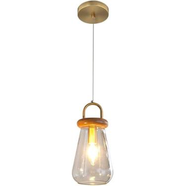Imagem de Luminária pendente de vidro moderna com luminária pendente de teto de madeira, 1 luminária ajustável, lustre suspenso para sala de jantar e ilha K