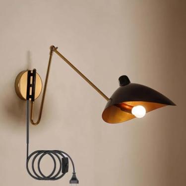 Imagem de Luminária de parede com braço giratório Luminária de cabeceira de braço longo ajustável com interruptor e plugue Luminária de parede giratória 360° E14 com cabo Luminária de leitura de braço