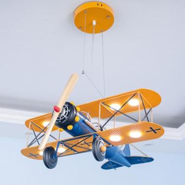 Imagem de Lustre infantil para quarto de meninos, lustre moderno de avião, luminária pendente de teto LED regulável, helicóptero vintage, metal, aeronave industrial, lâmpada suspensa para quarto de me