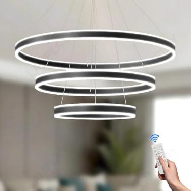Imagem de Luminária pendente LED redonda moderna com 3 anéis, lustre preto, controle remoto regulável, 3000K 6000K, altura ajustável, ideal para hall de entrada, sala de estar, quarto, cozinha, ilha (
