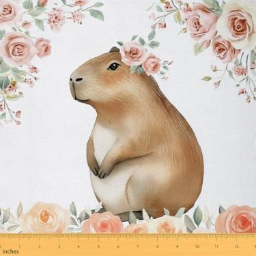 Imagem de Erosebridal Tecido de capivara marrom por jarda, tecido de estofamento de animais selvagens engraçados para amantes de capivara, costura, material botânico natural rosa desabrochando para estofamento