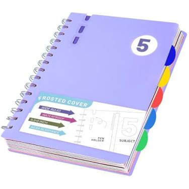 Imagem de FLYING EAGLE Caderno espiral pautado largo com 5 assuntos, 13 x 18 cm, caderno pequeno A5 com divisórias, cadernos de capa dura para trabalho, diário pautado com 204 páginas para mulheres, violeta