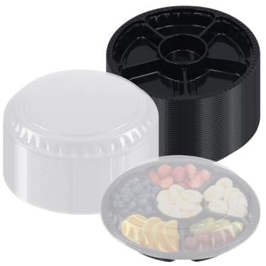 Imagem de JAPCHET Bandeja de aperitivo de plástico de 25 cm com tampa, bandejas de frutas descartáveis com 6 compartimentos, bandejas redondas de frutas e vegetais para lanche e buffet, preta