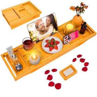 Imagem de Bandeja de banheira BESHOF dobrável de bambu com suporte para taça de 