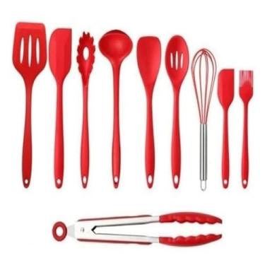 Imagem de Conjunto Utensílios de Cozinha em Silicone 10 Peças – Resistente ao Calor, Antiadherente – Colheres, Espátulas, Fouet e Mais para Preparar Receitas com Praticidade (Vermelho)