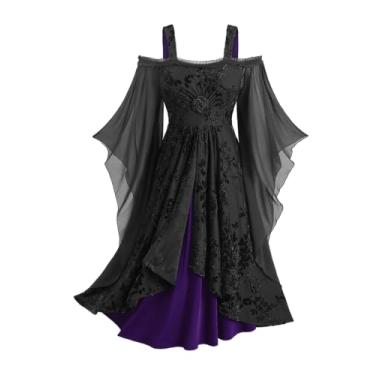Imagem de Vestido midi gótico rossegal plus size medieval vintage rosa flocagem com glitter floral ombro vazado chiffon manga flare vestidos góticos grunge (roxo/4X)