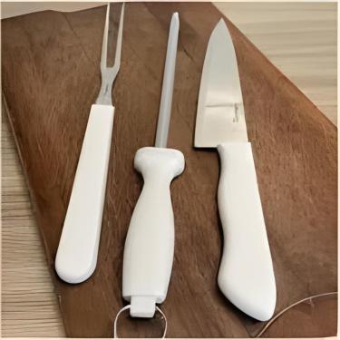 Imagem de Kit 3 Peças para Churrasco, Faca, Garfo e Chaira em Aço Inox, Cabo Branco, 30cm
