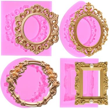 Imagem de MIYAHOUSE Moldura de foto molde de silicone para decoração de bolos, enfeite de cupcake, pasta de goma de chocolate, argila de polímero, conjunto de 4