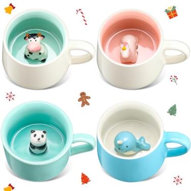 Imagem de Didaey 4 peças 3D Animal Dentro Caneca 3D Animal Canecas de Café Bonita Estatueta Copo de Cerâmica Escondido 3D Unicórnio Baleia Panda Vaca Interior Caneca para Natal, Aniversário, Férias, Presente