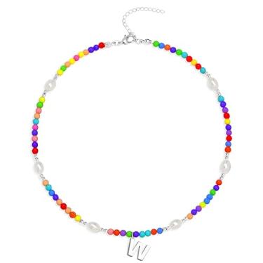 Imagem de Poxtex Lindos colares de contas com inicial para meninas, elegantes e coloridas, pérolas, letras, gargantilhas, para mulheres, adolescentes, feito à mão, banhado a ouro 14K, boêmio, joias