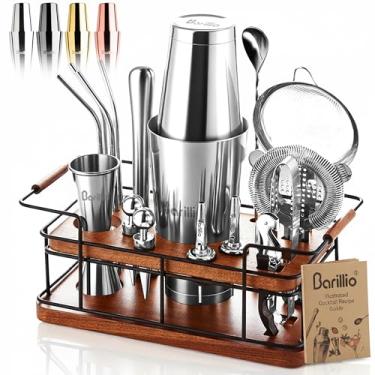 Imagem de Barillio Kit de barman – Conjunto de coqueteleira de aço inoxidável de 23 peças com suporte premium de mogno africano | Ferramentas de mistura de martini para barmans domésticos | Conjunto de presente
