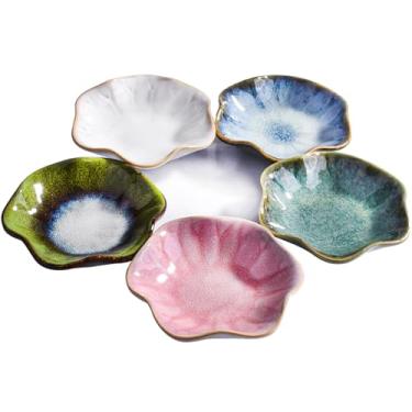 Imagem de Conjunto de pratos de cerâmica feitos à mão, 5 peças de pratos de borda recortada, coleção de louça decorativa vitrificada em aquarela em azul, rosa, verde, estilo asiático tradicional