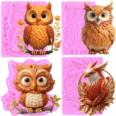 Imagem de MIYAHOUSE Molde de silicone de fondant de coruja para decoração de bolos, topo de cupcake, pasta de goma de chocolate, argila de polímero, conjunto de 4