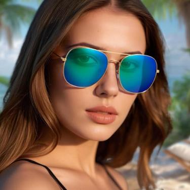 Imagem de Óculos de sol aviador, armação fina, design elegante e leve para mulheres, óculos piloto clássico com lente de policarbonato, Azul oceano