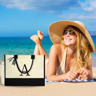 Imagem de Sacola de lona com letra impressa, bolsa de praia inicial com bolso lateral, presentes personalizados para mulheres, mães, amigas, professoras, A