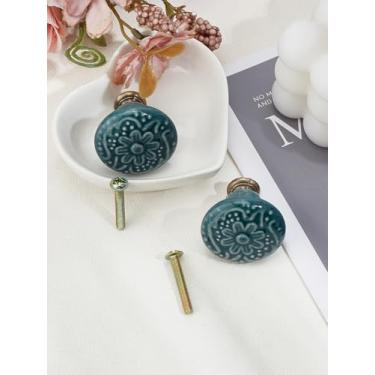 Imagem de 2 maçanetas de porta de armário de porcelana, puxadores de gaveta de cozinha verde, alças planas redondas com trava de armário de padrão floral para armário e corredor, quarto, banheiro, 34 x 32 mm