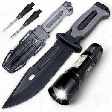 Imagem de Faca de Sobrevivência Militar com Ponta Quebra-Vidro – Lâmina de Aço Premium, Bússola Integrada e Pederneira para Emergências. Ideal para Aventuras, Camping e Situações Extremas