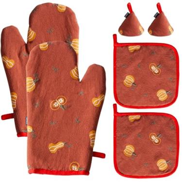 Imagem de Hausfrau Conjuntos de luvas de forno e suportes de panela de jacquard bordadas com capa de cabo de ferro fundido, 6 peças, luvas de cozinha florais vintage resistentes ao calor, luvas de forno para