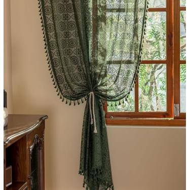 Imagem de YJ YANJUN Cortinas de renda verde escuro 224 cm de comprimento, 2 painéis, boho, com borla, para sala de estar, campo, casa de fazenda, cortinas ocas para porta de vidro deslizante de pátio L 159 x