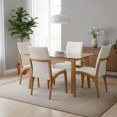 Imagem de Kit 4 Cadeira Aura Estofada Estrutura Em Madeira Maciça Courino Branco Conforto Para Sala De Jantar Mobília Decor