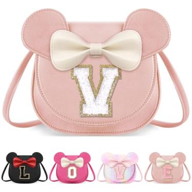 Imagem de izuzta Bolsa infantil para crianças 1 2 3 4 5 6 7 8 anos de idade bonito mouse orelha laço bolsa transversal presente de aniversário, Grande/bolsa rosa/letra branca, V, V