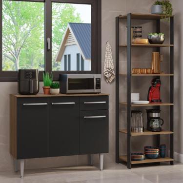 Imagem de Kit Cozinha Balcão Gabinete 3 Portas 1 Gaveta E Armário Cozinha Despensa 5 Prateleiras Preto/rustic