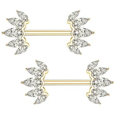 Imagem de TRBR Piercing de mamilo de pétalas de flor 14G, anéis de mamilo de ouro/prata, aço cirúrgico para mulheres e homens, anéis de barra de proteção de mamilo de pedra cúbica, calibre 14 A par, 14G-14mm