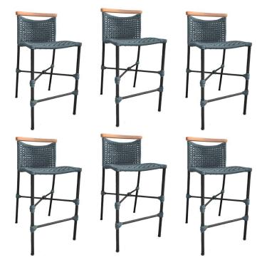 Imagem de Kit 6 Banquetas Em Corda Náutica Base Em Alumínio Preta Com Detalhe Em Madeira Cinza Cinza