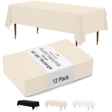 Imagem de Party Solids Pacote com 12 toalhas de mesa descartáveis de plástico marfim – Tamanho: 152 × 213 cm – Capa de mesa retangular para festas, piqueniques e eventos formais