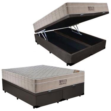 Imagem de Cama Box Baú Casal Sintético Bipartido + Colchão Ortobom Airtech Molas Ensacadas 138x188x65 Marrom