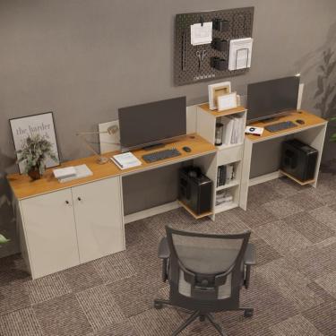 Imagem de Conjunto De Escritório Tech 1 Livreiro 1 Buffet E 2 Mesas 90 - Off White E Cedro Off White E Cedro