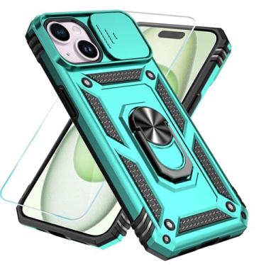 Imagem de SunStory Capa compatível com iPhone 15 com protetor de tela HD e capa de câmera deslizante e suporte de anel girado, capa de telefone [de grau militar] para iPhone 15, azul-petróleo