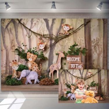 Imagem de 2,1 x 1,5 m, cenário de animais da selva, bem-vindo à selva, desenho animado safári, animais de safári, para chá de bebê, recém-nascido, decoração de festa de 1º aniversário, banner, decoração de mesa