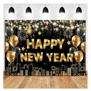 Imagem de Pano de fundo preto dourado feliz ano novo 2026 decorações de balão de fogos de artifício fotografia banner tecido banner véspera de ano novo suprimentos para festa 1,8 x 1,2 m