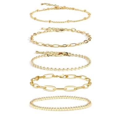 Imagem de Conjunto de pulseiras douradas para mulheres, pulseiras empilháveis com contas elásticas na moda, corrente de elos, pacote de joias para presentes casuais de aniversário, One Size, Metal, Sem Pedra