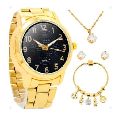 Imagem de Kit Presente Relógio Feminino Analógico Dourado + Colar Ponto Luz + Pulseira Berloques + Par de Brincos