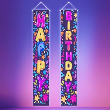 Imagem de HOMETITUTE 2 peças tapeçaria de luz negra faixa vertical feliz aniversário com letras de balão colorido e padrão de confetes de grafite em fundo preto UV reativo 12 x 71 polegadas para decoração de