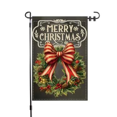 Imagem de Bandeira de jardim de Feliz Natal com desenhos de arco de grinalda de flores, decoração de placa de boas-vindas de jardim retrô 30,5 x 45,7 cm, bandeira de quintal com impressão dupla face para