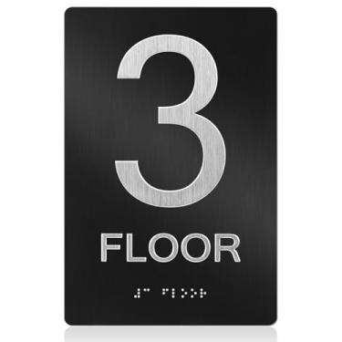 Imagem de Otoolling Placa de 3º andar com fita dupla face placa numérica de alumínio para porta 15,24 cm x 23 cm preto prata para casa apartamento escritórios porta elevador