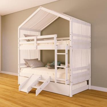 Imagem de Treliche Solteiro Casinha Cortina e Kit Escada/Escorregador Madeira Maciça Branco Megamobilia