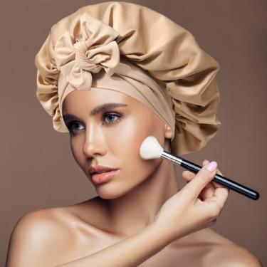 Imagem de Touca de cabelo de cetim de seda para dormir à noite, chapéu com faixa de amarrar, gorro preto com envoltório de cabeça (dourado)