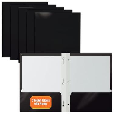Imagem de Pasta de papel preta brilhante com 2 bolsos com pinos, pacote com 25, da Better Office Products, tamanho de letra, portfólios de papel preto de alto brilho com 3 prendedores de garra de metal, caixa com 25 pastas pretas brilhantes