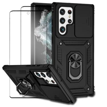 Imagem de Capa para Samsung Galaxy S22 Ultra Capinha | com 2 peças de protetor de tela temperado com janela deslizante da câmera e suporte para telefone incluídos - Preto